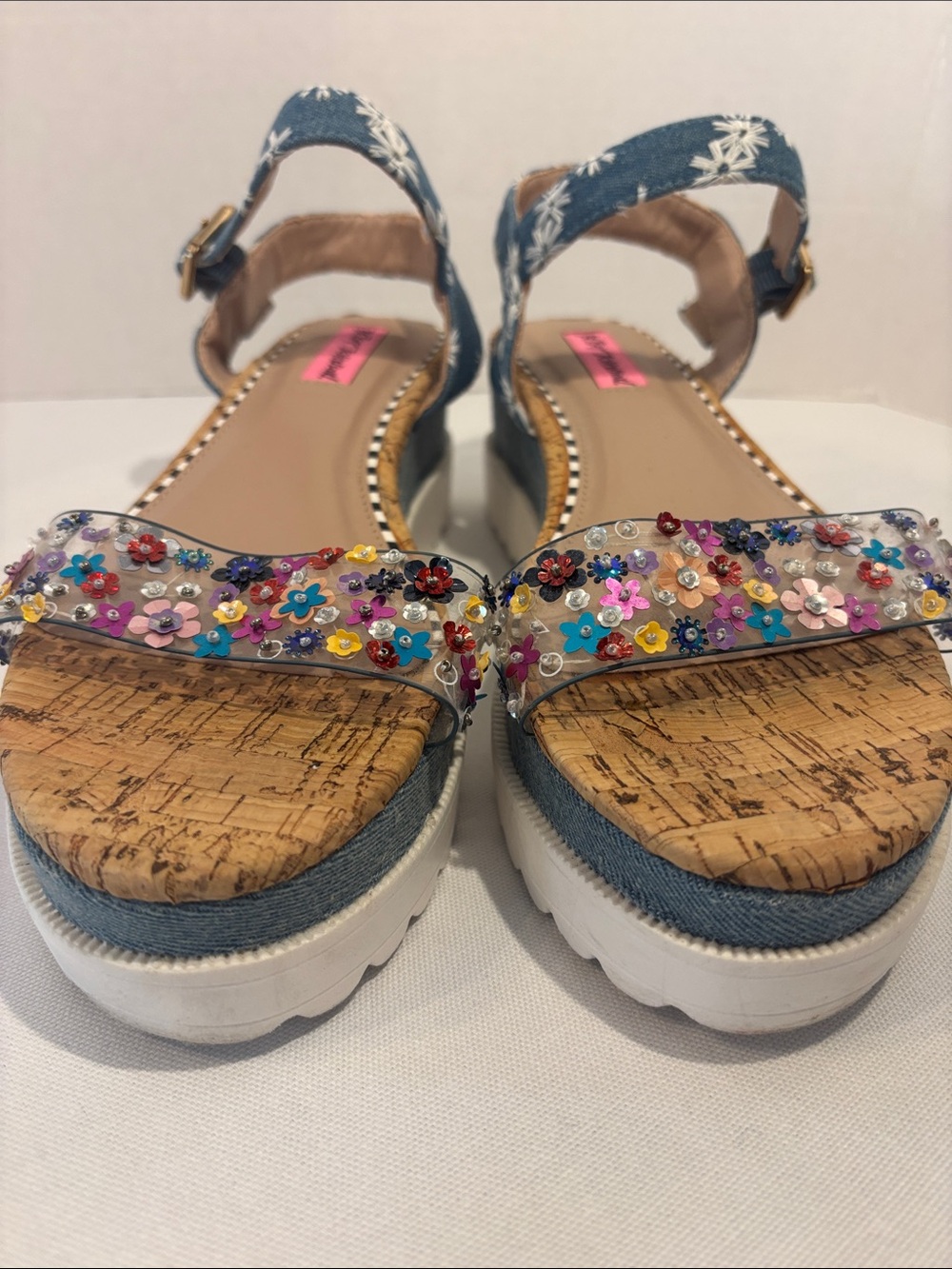 Betsey Johnson cork platform Denim Wedge Sandals with Floral Sequins straps. 9 - Picture 6 of 10